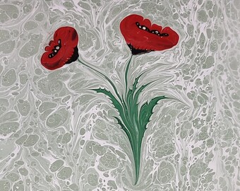 Unique marbling art - Red Flower Ebru