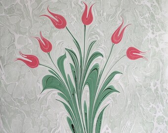 May include: A green and white marbled background with a bouquet of red tulips. The tulips are stylized and have a traditional look.