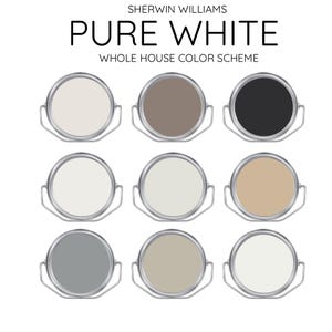 PURE WHITE Sherwin Williams Complementary Interior Paint Palette -Prepacked Paint palette, Modern Interior Paint - Whole House Paint Colors