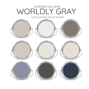 GRIS MONDIAL, couleurs coordonnées pour intérieur de maison moderne - Palette de peinture préemballée - Peinture Sherwin Williams - Couleurs de peinture pour toute la maison