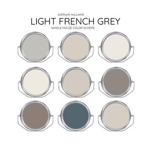 Couleurs coordonnées GRIS FRANÇAIS CLAIR Intérieur de maison moderne - Palette de peinture préemballée - Peinture Sherwin Williams - Couleurs de peinture pour toute la maison