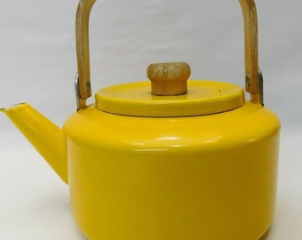 Yellow Baked Enamel Ware Tea Pot Kettle with Wood Handle has Wear