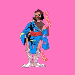 Könnte beinhalten: Eine Cartoon-Illustration einer Person, die einen blauen und roten Kimono mit einem schwarzen und weißen Baumdesign trägt. Die Person trägt eine Sonnenbrille und einen Schnurrbart. Der Text "DIVVO VOP" steht auf der rechten Seite des Bildes.
