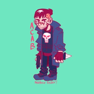 Könnte beinhalten: Eine Cartoon-Illustration einer Person, die eine blaue Jacke, eine schwarze Hose und ein schwarzes Hemd mit einem weißen Totenkopf-Motiv trägt. Die Person hält eine Waffe in der einen Hand und ein Messer in der anderen. Der Text "ACAB" ist in roten Buchstaben auf der linken Seite des Bildes geschrieben. Der Text "Mother Fucker!" ist in roten Buchstaben am unteren Rand des Bildes geschrieben.