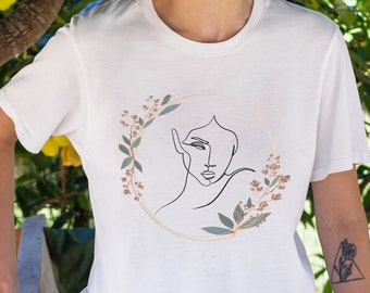 Boho Floral Line Art T-Shirt, Minimalist Woman Tee