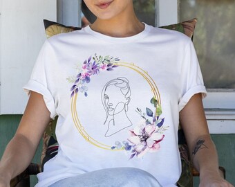 Boho Floral Line Art Shirt, Trendy Minimalist Tee