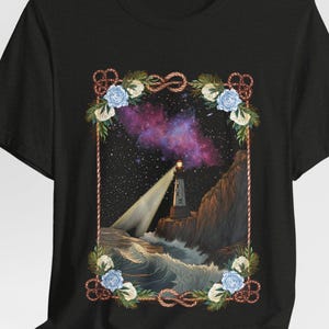 Lighthouse Fantasy Tee Never Stop Shining Shirt Coastal Vibes Beach Lovers Gift Artistic Graphic T-Shirt Casual Summer Wear Adventure Tee