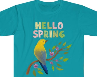 Camiseta Hello Spring Bird, Camiseta Floral para a Temporada de Primavera