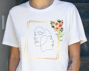 Boho Floral Line Art Tee, Minimalist Woman Shirt