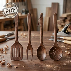 Puede incluir: Cuatro utensilios de cocina de madera: una espátula ranurada, un tenedor, una cuchara y una cuchara ranurada. Los utensilios son de madera marrón oscuro y están dispuestos sobre una superficie de madera. El fondo incluye herramientas de carpintería y virutas de madera.