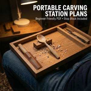May include: Wooden carving station with a spoon, carving tools, and wood shavings. The text on the image reads "PORTABLE CARVING STATION PLANS" and "Beginner Friendly PDF • Stop Block Included".