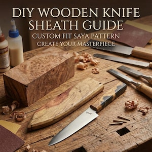 May include: A DIY wooden knife sheath guide with the text "DIY WOODEN KNIFE SHEATH GUIDE". The image shows a knife, sheath, wood block, tools, and glue bottles on a wooden surface. The knife has a silver blade and wooden handle.