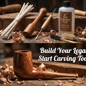 May include: A collection of woodworking tools and a carved wooden pipe. The image includes chisels, brushes, cleaning fluid, and the text "Build Your Legacy. Start Carving Today."