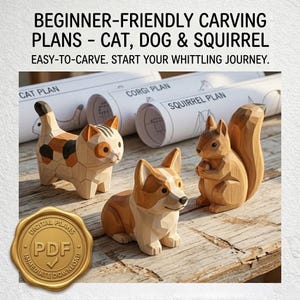3 Whittling Patterns PDF | Cat, Corgi Dog, Squirrel | Beginner Flat Plane Wood Carving Templates | DIY Wooden Animal Figurine Plans