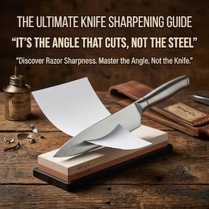 May include: A stainless steel chef's knife rests on a sharpening stone, with a paper sheet angled over the blade. The text reads "THE ULTIMATE KNIFE SHARPENING GUIDE" and "IT'S THE ANGLE THAT CUTS, NOT THE STEEL". A bottle of Hone-Oil is visible.