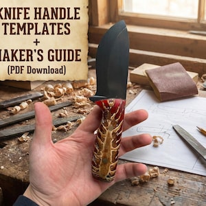 May include: A handmade knife with a dark blade and a red and gold patterned handle is held in a hand. The text "KNIFE HANDLE TEMPLATES + MAKER'S GUIDE (PDF Download)" is displayed above. Tools and wood shavings are scattered around.