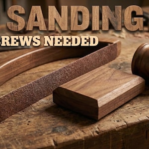 May include: A DIY sanding kit with wooden components, including a curved handle, sanding block, and a cylindrical piece. The text "DIY SANDING KIT" and "NO SCREWS NEEDED" are visible. A wooden emblem reads "SOLID WOOD PLANS".