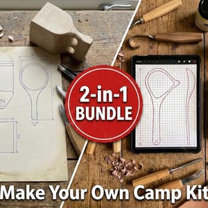 May include: A wooden camp kit bundle with tools, a tablet displaying a design, and a paper with blueprints. The image includes the text "2-in-1 BUNDLE" and "Make Your Own Camp Kit". The items are arranged on a wooden surface.