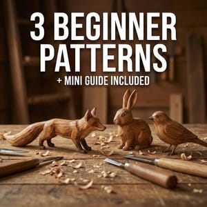May include: Wooden carvings of a fox, rabbit, and bird are displayed on a wooden surface, accompanied by carving tools and wood shavings. The text "3 Beginner Patterns + Mini Guide Included" is at the top.