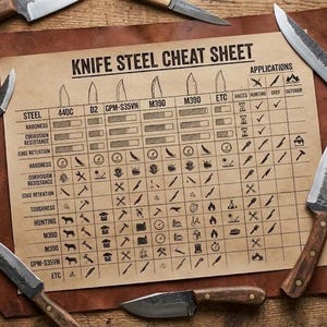 Op de afbeelding: Een verzameling messen omringt een "Knife Steel Cheat Sheet" op een houten oppervlak. De tabel geeft informatie over staalsoorten zoals 440C, D2 en M390, met toepassingen voor jagen, koken en buitenactiviteiten. De messen hebben houten handvatten.