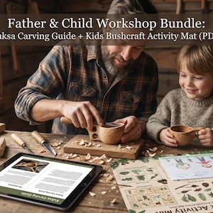 May include: A father and child are carving wooden kuksa cups at a wooden table. The scene includes a tablet with a carving guide, a bushcraft activity mat, and carving tools. The text on the image reads "Father & Child Workshop Bundle: Kuksa Carving Guide + Kids Bushcraft Activity Mat (PDF)".