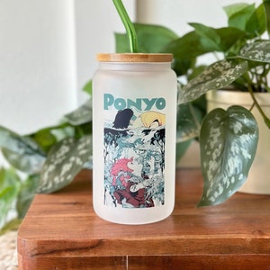 Studio Ghibli Ponyo Glass Can | Totoro, Spirited Away, Coffee Mug, Sublimation, Frosted Glass, Bamboo Lid, Glass Straw, Ghibli Glassware