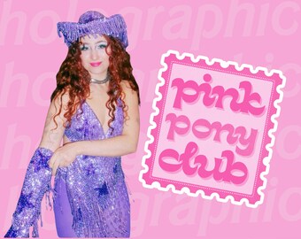Sticker holographique Chappell Roan rose au poney club | Sticker SuperNova féminin vin rouge | Féministe | Art vinyle pour ordinateur portable