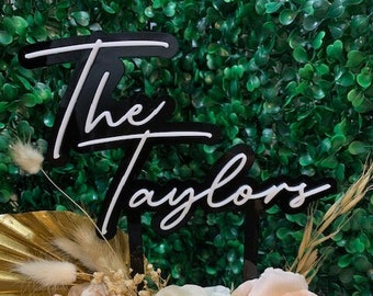 Custom Wedding Cake Topper, Last Name, Double Layer, "Neon Sign" Style, Modern Wedding Cake Topper, Last Name Only