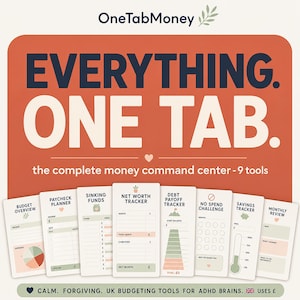 Könnte beinhalten: Ein digitales Finanz-Kontrollzentrum mit neun Budgetierungstools auf einem rostfarbenen Hintergrund. Der Text lautet "OneTabMoney", "EVERYTHING. ONE TAB." und "the complete money command center - 9 tools". Enthält Tracker für Budget, Gehaltsplanung, Rücklagen, Nettovermögen, Schuldenabbau, Spar-Challenges, Ersparnisse und monatliche Überprüfungen.