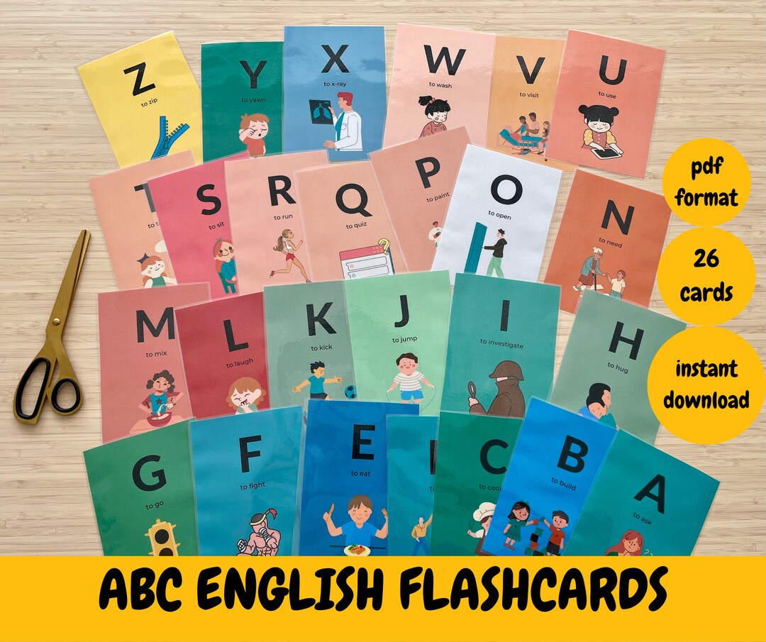 ABC English Verbs Flashcards 26 Cards Kindergarten or School Etsy