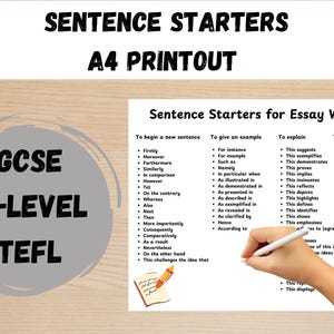 Op de afbeelding: Een wit vel papier met zwarte tekst die zinsbeginnen voor het schrijven van essays opsomt. De categorieën omvatten: Om een nieuwe zin te beginnen, Om een voorbeeld te geven, Om uit te leggen en Om de uitleg voort te zetten. Het papier ligt op een houten oppervlak. De tekst bevat: GCSE, A-LEVEL, TEFL.
