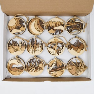 Handmade 3D Layered Wooden Nature Christmas Ornaments, Set of 12
