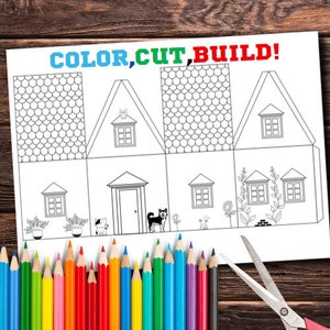 Hojas imprimibles de Paper Houses, descarga instantánea, colorea, corta y crea, divertida actividad artística y artesanal para niños