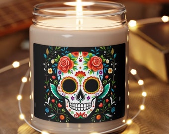 Dia De Los Muertos Candle, Colorful Sugar Skull, Mexican Folk Art Candle Gift, Scented Soy Candle Wax, Custom Candle, Halloween Candle Decor