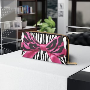 Pink Zebra Bow Wallet Zipper Wallet Home Decor Zebra Print Personalized Wallet Aesthetic Purse Best Gifts For Her Christmas Gift Mothers Day
