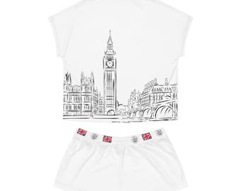 ロンドンパジャマセット、快適なレディーススリープウェア、旅行好きへのギフト、ショートパジャマ、楽しいプリントラウンジウェア、誕生日、ビッグベンクリスマスギフト