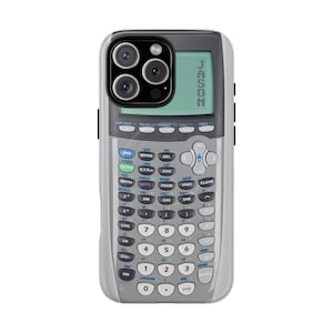 May include: A phone case featuring a graphic print of a scientific calculator with a light green screen displaying the vertical text JASON. The case has a grey body with numerous circular buttons in various colours including blue, white, and black.