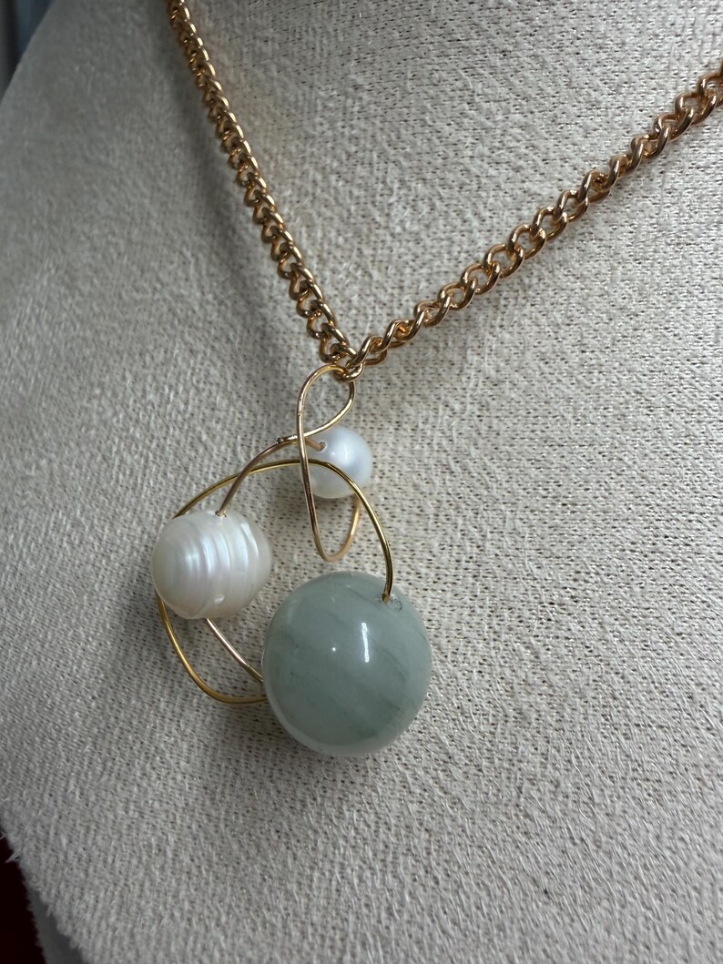 Artisan Tianshan Jade & Freshwater Pearl Pendant, Gold Tone Statement ...