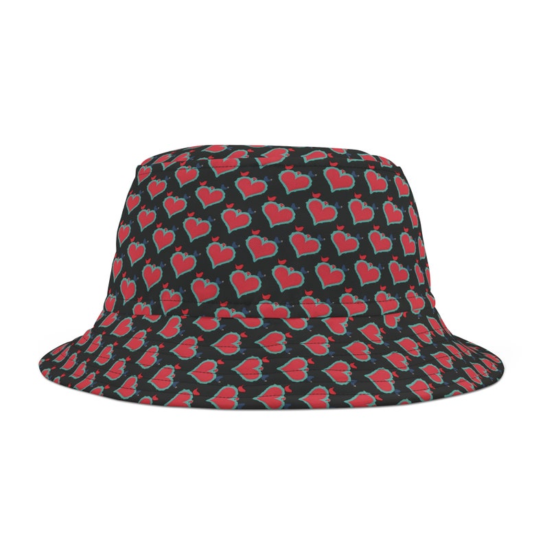 Heart Bucket Hat Pattern AOP Made in USA, Sun Hat Pattern, Mens Bucket