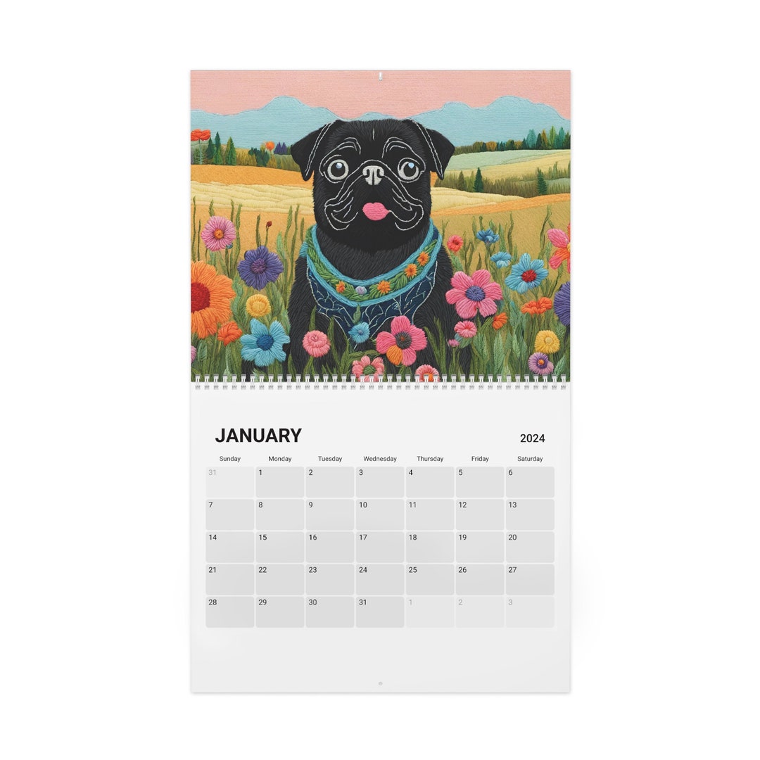 Cute White Black Pug Calendar 2024, Pug Embroidery 2024 Calendar