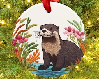 Embroidery Otter Ornament Acrylic Double-Sided PRINT Art For Nature Lovers Crochet Pattern Animal Christmas Decoration Holiday Kids Garland