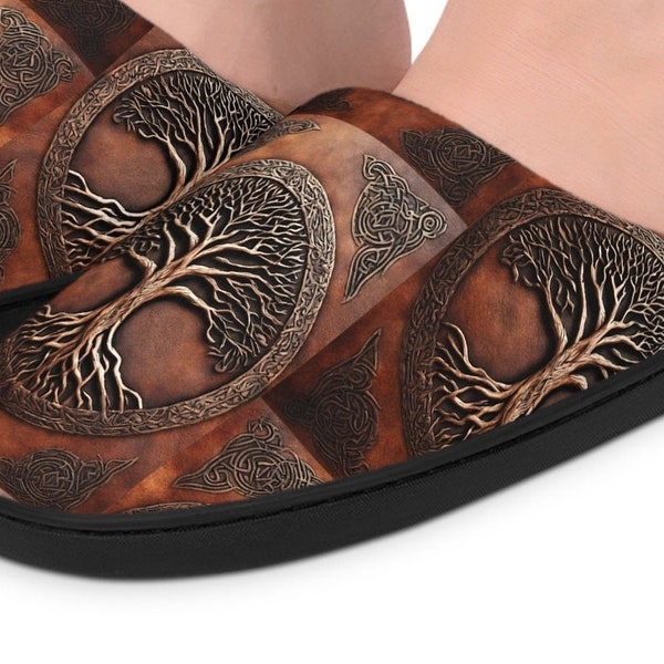 Ancient Tree of Life Slippers Men Brown, Best Gifts for Him, Viking Men Slippers Custom House Slippers Warm Gift Father, Slippers For Men