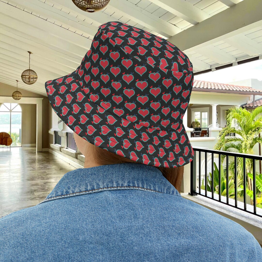 Heart Bucket Hat Pattern AOP Made in USA, Sun Hat Pattern, Mens Bucket