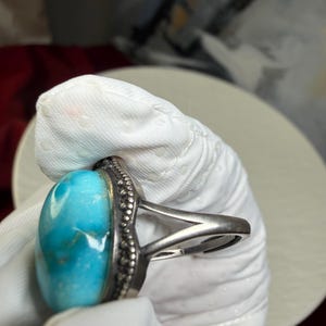 Large Oval Turquoise Blue Statement Ring, S925 Sterling Silver Adjustable Ring, Oxidized Beaded Bezel, Boho Cocktail Jewelry Gift