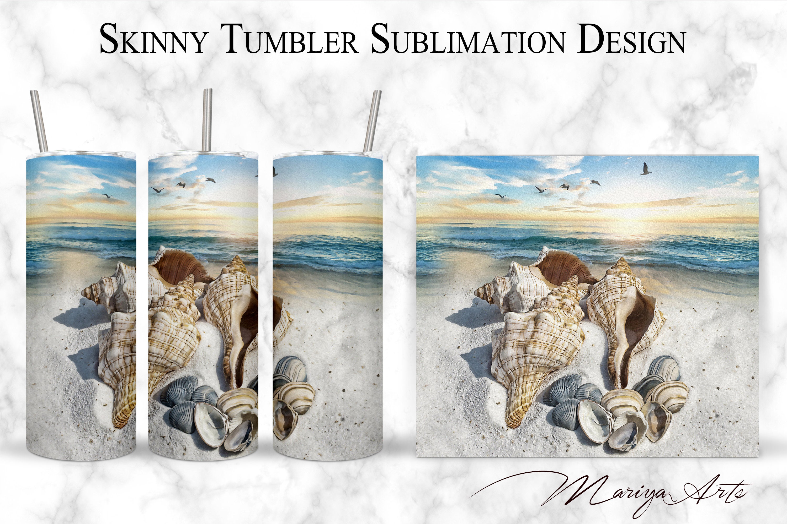 Seashell Tumbler Wrap PNG Sea Shells Ocean Sunrise Nautical 20oz Skinny