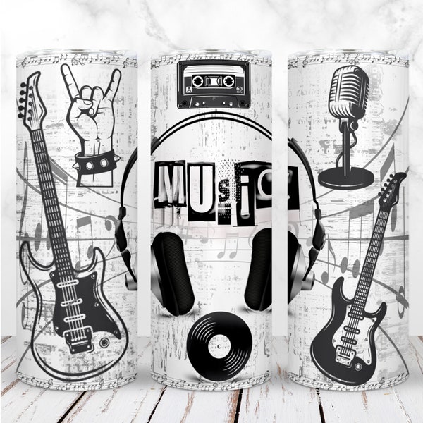 Rock Music Tumbler Wrap PNG 20oz Skinny Tumbler Guitar Rock n Roll Music Cassette Tape Sublimation Seamless Digital Design Instant Download