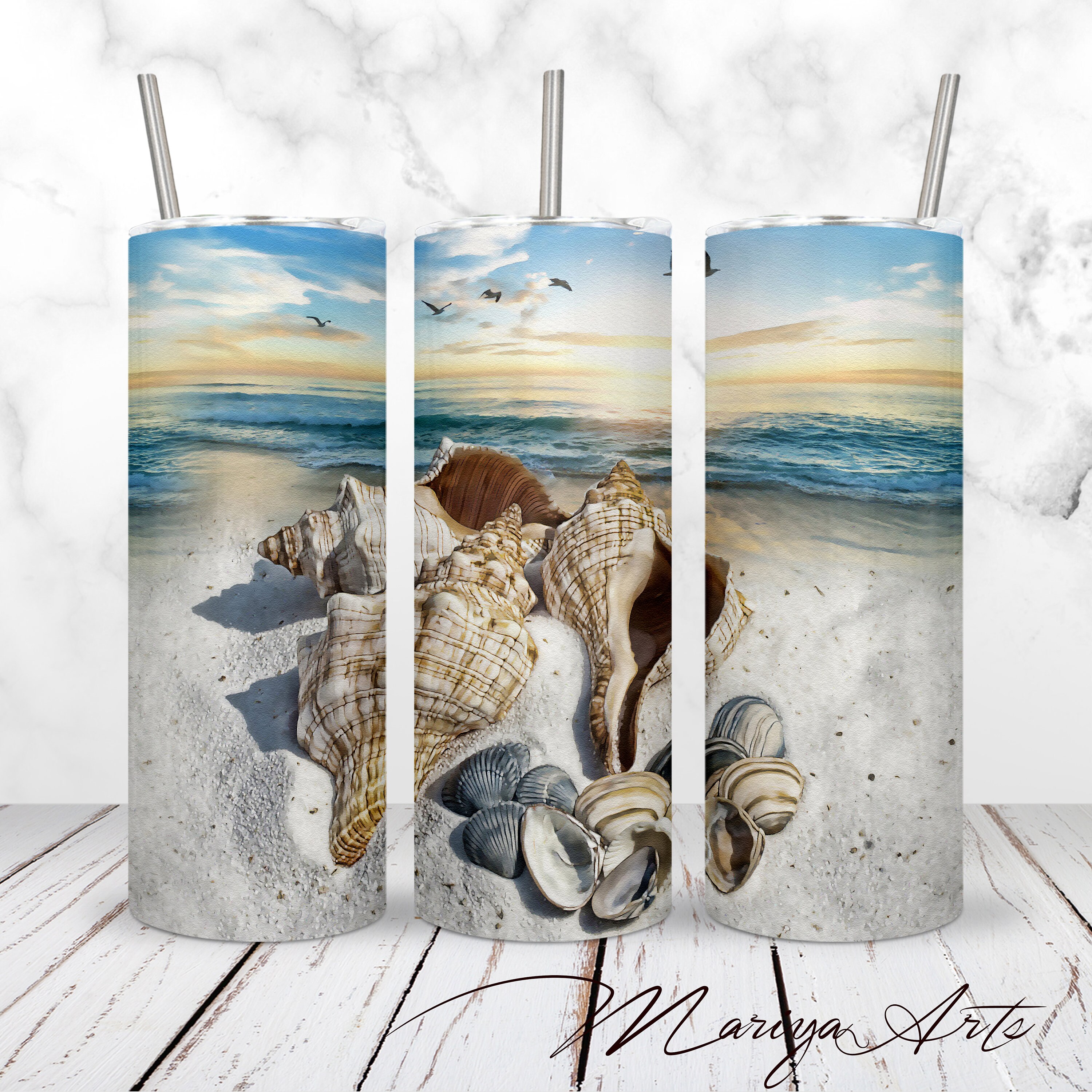 Seashell Tumbler Wrap PNG Sea Shells Ocean Sunrise Nautical 20oz Skinny