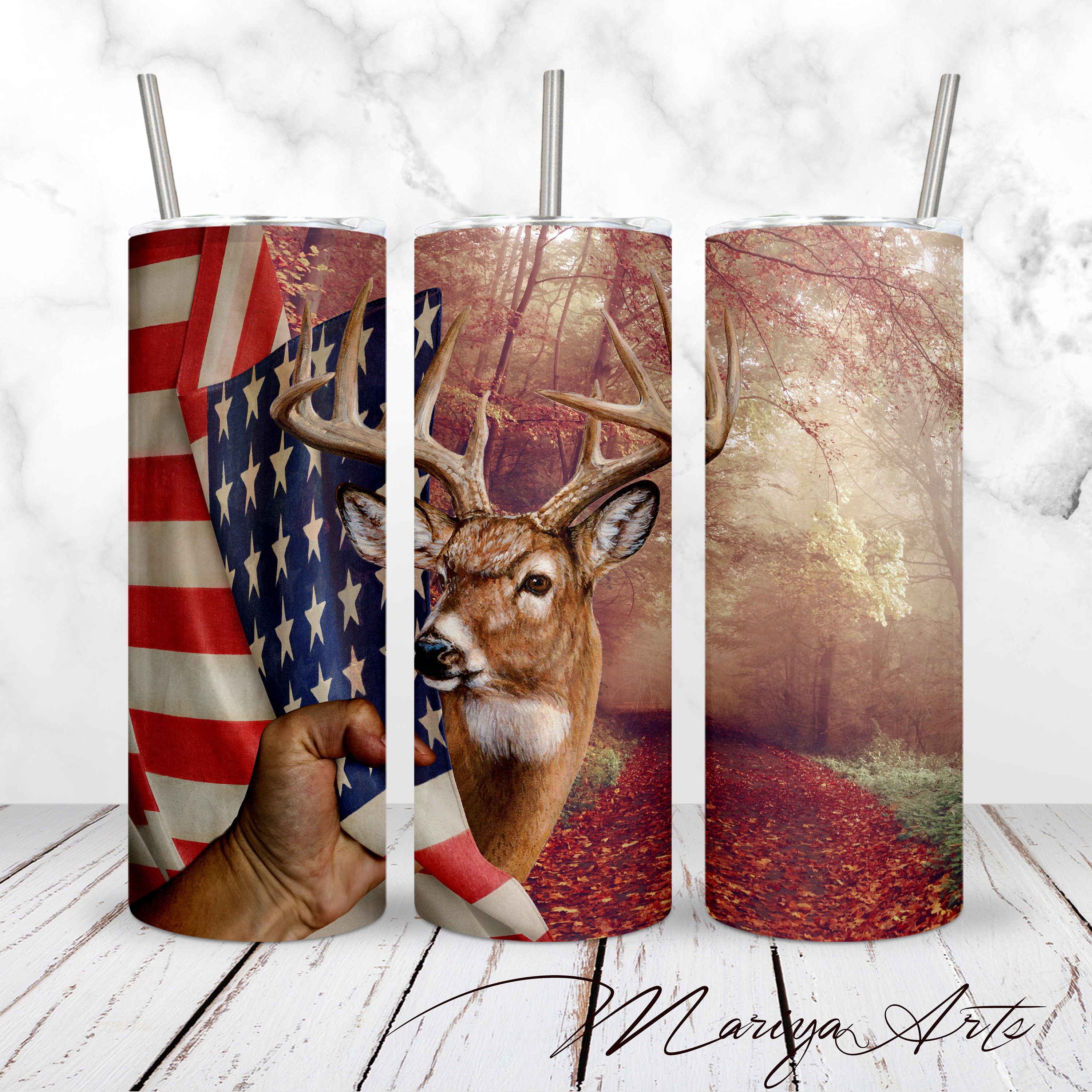 Deer Hunting Tumbler Wrap PNG 20oz Skinny Hand Pulling American Flag ...