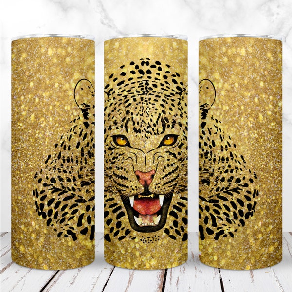 Jaguar Glitter Gold Tumbler Wrap PNG 20oz Skinny Tumbler Animal Print Sublimation Design Seamless Straight Digital Design Instant Download