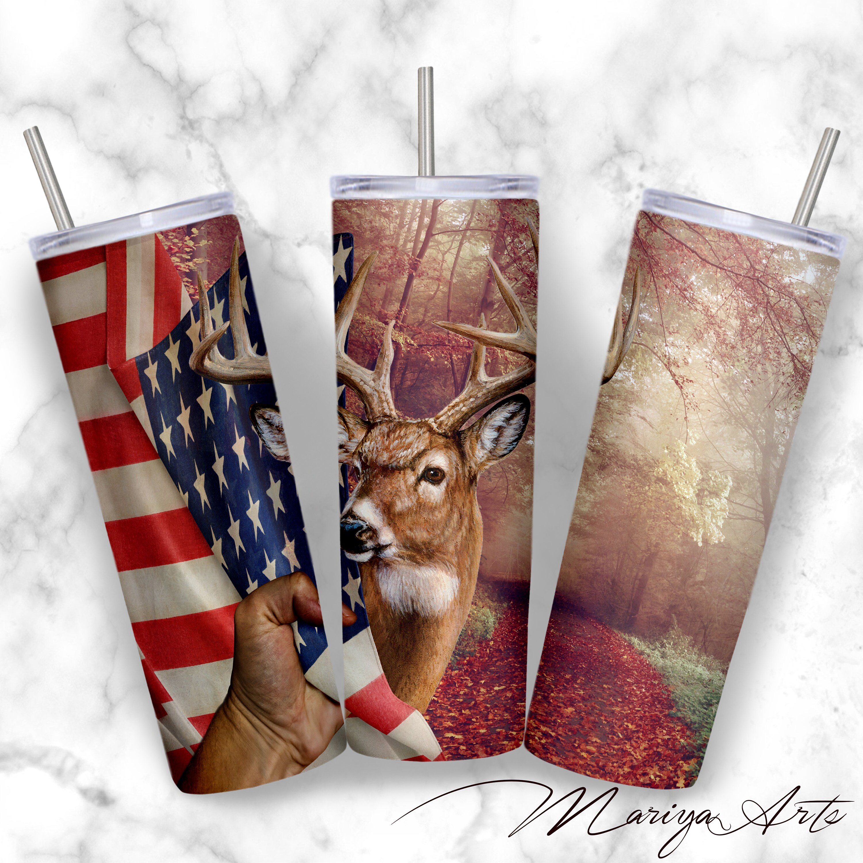 Deer Hunting Tumbler Wrap PNG 20oz Skinny Hand Pulling American Flag ...
